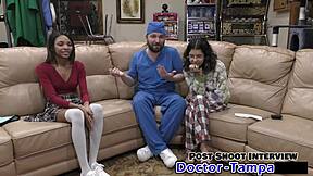 dr. tampa performs an entrance physical on solana, spreading her shaved pussy.