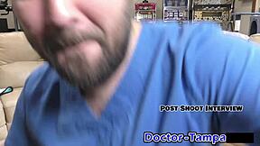 dr. tampa performs an entrance physical on solana, spreading her shaved pussy.