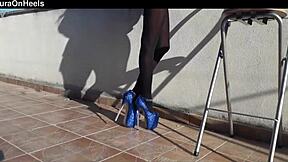 petite latina in denim shorts black tights gorgeous heels