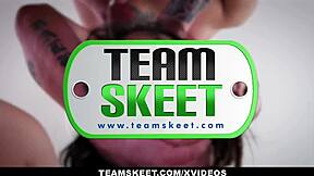 Skinny blonde teen with small tits bends over for doggystyle, then rides big cock until cum leaks from her tight pussy