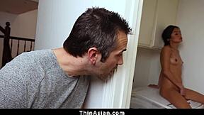 huge petite 18+ asian babe caught playing with dildo, rough toys tight pussy small tits big cock