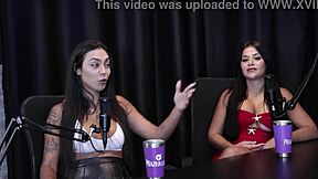 Two brunettes undress him after sharing tips for perfect oral sex in sheer red compilation