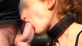 controlled and leashed in leggings in garage