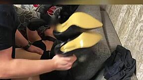 controlled and leashed in leggings in garage