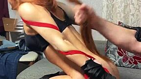 controlled and leashed in leggings in garage