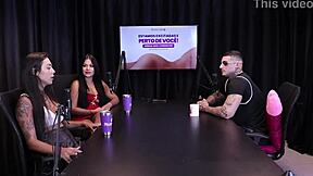 Two brunettes undress him after sharing tips for perfect oral sex in sheer red compilation