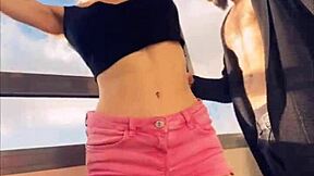 Sasha Rose, that cute petite pornstar, dances a sexy striptease at the party