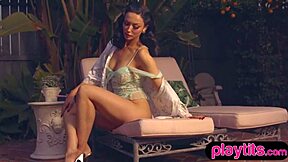 By the pool, this big ass petite milf reveals her juicy round tits solo.