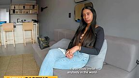 Sizzling latina model mounts huge monster cock in cowgirl while wearing sexy red lingerie, perky tits bouncing