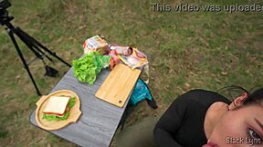 Hey, hungry stranger, suck my dick for this sandwich, he says in pov.