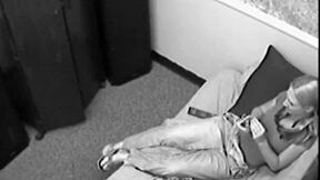 blonde babe fingers herself on phone, then blows big dicks