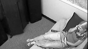 blonde babe fingers herself on phone, then blows big dicks