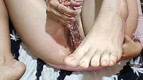 barely haloed and fully tempting petite teen uses dildo and toys for solo orgasm and squirting