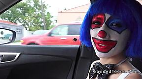 Teen in clown costume gets banged outdoors for cumshot!
