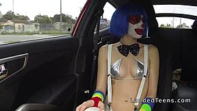Teen in clown costume gets banged outdoors for cumshot!