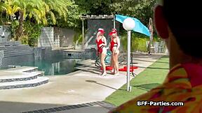 blonde lifeguards in bikinis party with patients in uniforms at the reality event