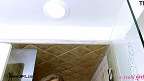 stunning brunette milf takes shower during casting