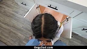 Stepdaughter bends over flashing pussy