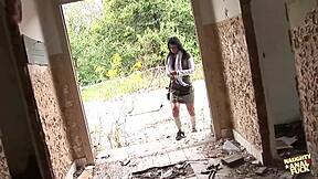she enters abandoned building for double anal with two guys