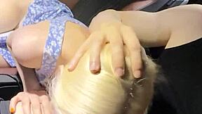 fucked busty blonde in car, cum on her face.