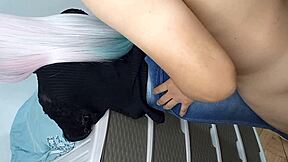 Horny stepdaughter shows big virgin ass in jeans, lifts it for huge thick cock in anal sex