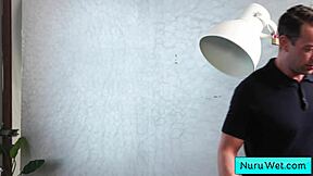 sensual teen 18+ brunette masseuse gives nuru massage to client