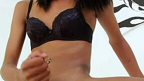 Slim shemale Modnoy explores her asshole with a dildo in solo play