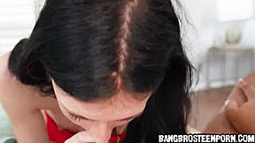 cute stepsister teen sucks her stepbro's dick deepthroat before he fucks her hardcore in the bedroom all night long