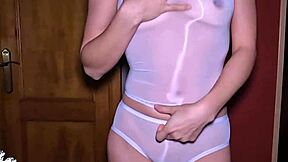 Feeling the wet hairy pussy in see-through panties filled with cum