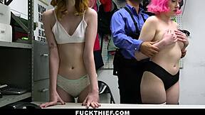 Shoplifter girls caught in hardcore 3some, bending over for blowjobs and monster cocks to escape free.