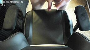 In the bedroom, the redhead teen masturbates her huge cock for a massive cum spray