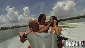 Hot threesome sucking cocks on the seadoo outdoors