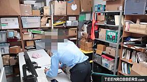 Shaved Teen Shoplifter Punished by Creepy Guard's Fuck
