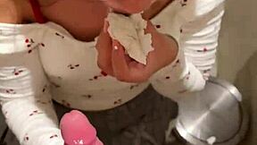 18-year-old asian girl gives blowjob in public restroom, ending with huge cumshot on her face