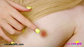 Glistening blonde beauty shows her sexy body