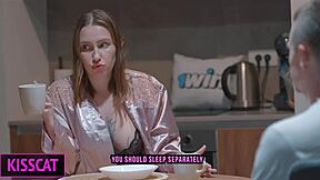 Step son gropes step mom's tits in bed, then she rides him cowgirl