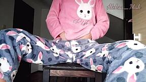 skinny teen stepdaughter teases in pajamas at home.