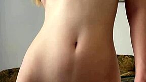 Petite teen 18+ rubs shaved pussy to orgasm with dildo