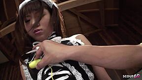 Skinny asian maid gets intense orgasm from old guy