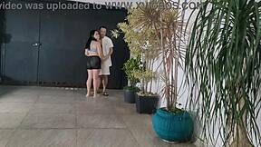 risky sex with neighbor in garage while cuckold bathes