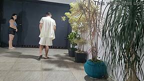 risky sex with neighbor in garage while cuckold bathes