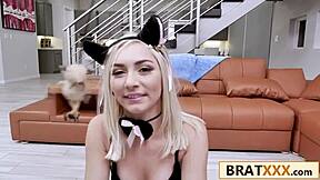 Pretty teen cosplays black cat in role-play.