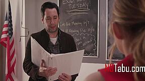 Tiny Cheerleader Fucks Teacher on Desk in Classroom