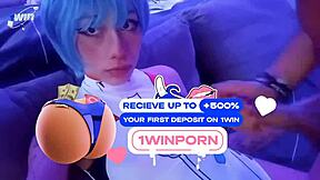Rei Ayanami cosplay girl blows cock and cums.