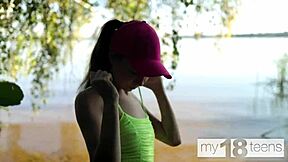 adorable skinny girl fingering her tight pussy outdoor