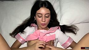 cutie in mini skirt gets fucked in tight ass and cum inside.