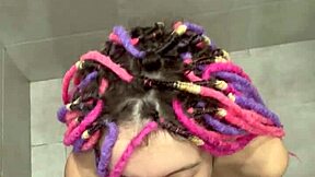 Beautiful neighbor squirts hugely after cumshot, eating sperm from tight pussy in bathroom