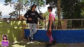 colombian submissive with small tits suggests training outside with tall guy's monster cock cum on tits cardio lesson