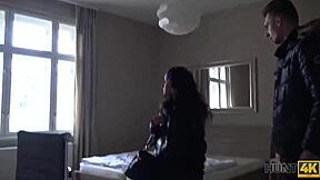 brunette jocelyne fucks shaved pussy for cash in german pov.