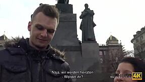 brunette jocelyne fucks shaved pussy for cash in german pov.